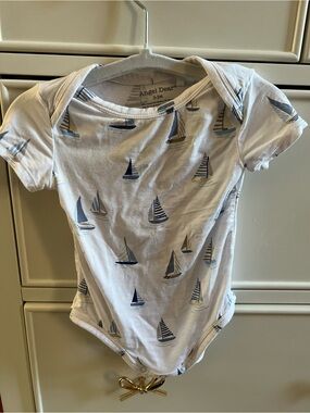 Angel Dear White Bodysuit with Blue and Tan Sailboat Print